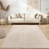 Paco Home Moderner Wohnzimmer Teppich Kurzflor Skandinavisch Japandi Stil Panglao Einfarbig Hoch-Tief-Effekt Abstraktes Muster 3D Effekt weicher Flor Creme, Grösse:80x150 cm