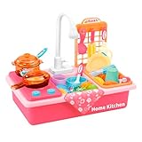 Kinderwaschbecken mit Wasserhahn & Wasser - Waschbecken Kinder mit Wasserfunktion - Küchenspüle Spielzeug Set für Küche Rollenspiel für Kinder(Rosa)