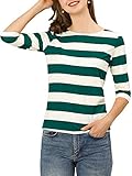 Allegra K Damen-T-Shirt, schmale Passform, Ellenbogenärmel, gestreift, U-Boot-Ausschnitt, grün / weiß, 3X-Groß
