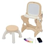 Joyz 3in1 Spieltisch mit 2 Tafeln, Kinderhocker und Zubehör, Braun, Kindertafel mit Stuhl, LCD-Tafel/Magnetische Whiteboard, Kinder Staffelei mit Ablage, Maltisch Spieltafel Standtafel Aktivitätstisch