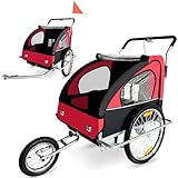 SAMAX Fahrradanhänger Jogger 2in1 Kinderanhänger Kinderfahrradanhänger Transportwagen vollgefederte Hinterachse für 2 Kinder in Rot/Schwarz - Silver Frame