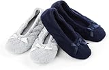 isotoner Damen 2er-Pack Mictroterry Ballerina Slipper mit Satinschleife, Hellgrau, gesteppt, marineblau, einfarbig, 39/40 EU