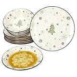 MamboCat Weihnachtsbaum 12tlg Tafelservice I Steingut-Geschirr für 6 Personen mit Tannenbaum & Schneeflocken I 6x flache Speiseteller & 6x tiefe Suppenteller 450ml
