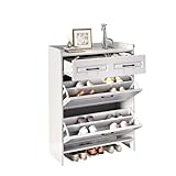 Atenza Schuhschrank mit 2 Klappen & 1 Schublade, platzsparender Schuhregal mit offenes Fach, Trennwand verstellbar, Schuhkommode für Diele, Flur, Garderobe 80×34×107,5 cm, weiß