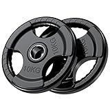 PhysKcal Olympische Hantelscheiben | Ø50 mm Bohrung | Hochwertiges Gummi-Finish | Tri-Grips | Schwarze Hantelscheiben für Krafttraining | Robuste Gusseisen-Kern Gewichte Set für Langhantel- 2 x 10kg