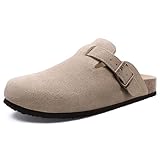 Beslip Wildleder Clog für Damen Weiches Kork Fußbett Leder Pantoletten Komfort Kartoffel Schuhe mit Arch Support, Taupe Frauen Größe 39 EU