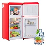 Merax Retro-Kühlschrank mit Gefrierfach, 60 Litern Volumen und 22 Litern Gefrierraum, LED-Licht, Zwei Fächer, 120 kWh/Jahr, Erhältlich in Rot