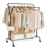 SONGMICS Kleiderständer auf Rollen, 2 Kleiderstangen, Garderobenstange, Garderobenständer aus Stahlrohren, bis 100 kg belastbar, 103,5 cm breit, multifunktionale Aufbewahrung, schwarz HSR107B01