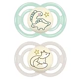 MAM Perfect Night Schnuller im 2er-Set, leuchtend im Dunkeln, zahnfreundlicher Baby Schnuller aus nachhaltigen & bio-erneuerbaren Materialien, mit Schnullerbox, 6-16 Monate, Dino/Fuchs