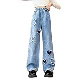 Mädchen Baggy Jeans High Waist Denim Hose Weite Bein Jogginghose Kinder Mode Straight Lässige Jeanshose Y2K Streetwear Mit Herzen Freizeit Vintage Style Gummibund Denimhosen (1-Blue, 7-8 Years)