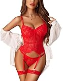 Avidlove Damen Dessous Set Sexy Spitze Babydoll Reizwäsche Corsage Lingerie 4-teiliges Set Body Mit Bügel-BH und Höschen Strumpfhalter Rot L