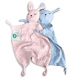 my STITCHERY Schnuffeltuch Baby mit Namen Bestickt, Oeko-TEX® Standard 100 - Personalisiertes Schmusetuch Hase aus weichem Musselin (Rosa)