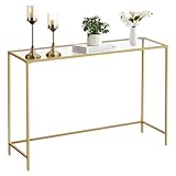 VASAGLE Konsolentisch, Beistelltisch, Oberfläche aus Hartglas, moderner Sofatisch, einfacher Aufbau, verstellbare Füße, Wohnzimmer, Flur, helles Gold-transparent LGT132A01