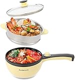 Audecook Elektrische Bratpfanne, Hot Pot Topf 20cm, Antihaft Mini elektropfanne mit Dampfgarer, Multikocher für Wohnheim, Reise, Zuhause - Gelb
