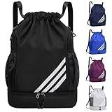 Veftsvy Turnbeutel mit Kordelzug, Wasserdicht Sportbeutel mit Schuhfach, Sportrucksack Gym Bag mit Innentasche, Außentasche, Sporttasche für Herren Damen Jungen (Schwarz, Einheitsgröße)