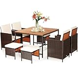 COSTWAY 9 TLG. Polyrattan Set Rattanmöbel, Garten Esssitzgruppe mit Tisch, klappbarem Sessel & Ottomane, Gartenmöbel platzsparend, Sitzgruppe mit Kissen, Essgruppe Ratten für bis zu 8 Personen, Beige
