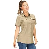 yeyity Hemdbluse Damen Kurzarm UV Schutz Wander Shirt Damen Atmungsaktiv Safari Hemd Schnelltrocknende Outdoorhemd,Sommer Tops (5076,Khaki,L)
