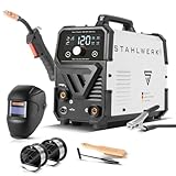 STAHLWERK Schweißgerät Mini FLUX 120 ST Digital – Vollausstattung – Fülldrahtschweißen (FLUX) ohne Schutzgas bis 120 A, synergischer Drahtvorschub, LED-Licht, Lift-TIG- und MMA/E-Hand-Funktion (ARC)