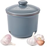 Römertopf Knoblauchtopf MINI aus Naturton, blau-grau, Ø 12,5 x 13 cm, ca. 200 g, belüfteter Keramik-Vorratstopf mit 3 Lüftungslöchern, innen glasiert, spülmaschinengeeignet