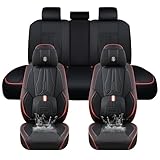 5-Sitzer Autositzbezüge - Universal für 90% Limousinen/SUVs/Geländewagen | Versteckte Lendenstütze & Abnehmbare Kopfstütze | Rutschfest & Langlebig | Hochwertiges Kunstleder (Schwarz-Rote Nähte)