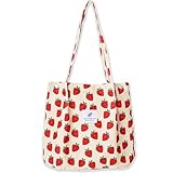 Bikasun Groß Umhängetasche Damen Cord Schultertasche Strandtasche Cord Tasche Crossbody Tasche Shopper Tote Bag Einkaufstasche Handtasche Shopper für Einkaufen Schule Erdbeere