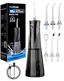 Munddusche für Zähne,Zahndusche 5 Modi, 6 Zahnseide-Spitzen, Tragbarer 300ML Großer Tank, Elektrischer Wasserflosser-Reiniger (Schwarz)
