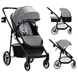 COSTWAY 2 in 1 Kinderwagen faltbar, Kombikinderwagen mit umkehrbarem Sitz & Liegefunktion, Reisebuggy tragbar mit verstellbarer Rückenlehne & Verdeck, Reisesystem für Baby bis 3 Jahren (Grau)