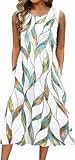 ABINGOO Damen Sommerkleid Ärmellos Midi Blumenmuster Leicht und Luftig Kleid Hohe Taille A-Linie Tankkleid Lang Strandkleid Freizeitkleider mit Taschen (Z-Weiß,M)