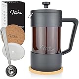 Milu French Press Kaffeebereiter | 350ml, 600ml, 1L | Glas Kaffeepresse, Kaffeezubereiter für Zuhause Reisen Camping inkl. Untersetzer, Löffel, Ersatzfilter (Schwarz, 600ml (3 Tassen)