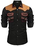 COOFANDY Herren Western Cowboy Hemd Bestickt Langarm Slim Fit Casual Baumwolle Button Down Hippie Shirts mit Taschen, Schwarz, XL