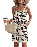 WNEEDU Sommerkleid Damen Ärmellose Strandkleid Damen U-Ausschnitt KordelzugKleid Luftiges Kleid Damen Sommer mit Taschen Aprikosen Schwarz Blatt XL