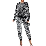 Damen Herbst und Winter Pailletten Kleiner Duft Freizeit Sport Lange Pullover Bleistifthose Atemschutzmaske Drei Anzug Herbsthose Set für Frauen, silber, XL