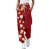 Weihnachts-Jogginghose für Damen, Weihnachtshose, lustiger Schneemann-Druck, übergroße Weihnachtshose, Jogginghose mit Kordelzug, Trainingshose mit Taschen, Festival-Sweathose, wein, 5XL