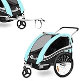 SAMAX Fahrradanhänger Jogger 2in1 360° drehbar Kinderanhänger Kinderfahrradanhänger Transportwagen vollgefederte Hinterachse für 2 Kinder in Türkis - Black Edition