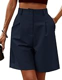 Zeagoo Bermuda Shorts Damen Casual Elastische Hohe Taille Weite Bein Kurzhose Business Anzughosen Sommer Shorts mit Taschen Navy Blau XL