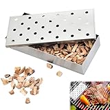 Goviox Räucherbox Edelstahl, Robuste BBQ Räucherbox, Hitzebeständig Grillzubehör, Universal Smoker Räucherbox für Gasgrill und Holzkohlegrill, für Fleisch, Fisch, Gemüse, 22,3x9,7x4,3cm, Silber