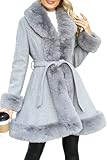 Giolshon Damen Langer Wollfleecejacke mit Kunstpelzkragen Isolierter Gepolsterter Bubble Parka Warmer Wintermantel mit Gürtel 242A Grau XL