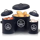 SYLANDO Aufbewahrung Kartoffeln Set,Vorratsdose Kartoffeln, Zwiebeltopf Kartoffeltopf Knoblauchtopf, Großer Vorratsbehälter aus Metall (Schwarz-Set)