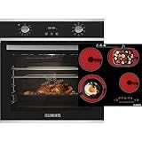 KB-ELEMENTS Herdset - Einbaubackofen mit Glaskeramikkochfeld, Einbaubackofen 70 Liter, Glaskeramikkochfeld 59 cm, Pizzafunktion, Grill, Umluft, Timer, Flexzone, Schwarz-Silber