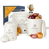 HIKITCHEN® Vorratsbehälter-Set für länger frisches Gemüse (creme weiß) - Stilvolle Kartoffel-, Knoblauch- und Zwiebel-box/topf - Gemüsebehälter