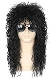 Topcosplay Herren 80er Jahre Vokuhila Perücke Rocker Punk Popstar Perücke Schwarz Lange Lockig Mullet Perücke für Halloween Kostüm Fasching Karneval