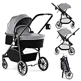 DREAMADE Kinderwagen klappbar, 3 in 1 Buggy mit umkehrbarem Sitz, Verdeck, Aufbewahrungskorb, Becherhalter & 5-Punkt-Sicherheitsgurt, Reisebuggy für Baby 0-6 Monate (Grau)