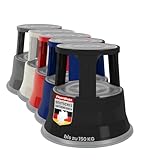 Floordirekt Rollhocker, Tritthocker, Elefantenfuß - Hocker aus Stahl bis 150kg Tragkraft für Büro oder Gewerbe - TÜV + GS geprüft (Schwarz, Metall)