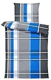 one-home Biber Bettwäsche 155x220 cm kariert gestreift blau Winter Flausch Warm Baumwolle