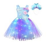 Generisch 2025-Kleinkind Kinderkostüm Mädchen Halloween Historisches LED-Licht Tüllkleid Prinzessin Haarband Outfits (Blue 6-8 Years)
