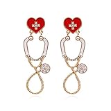Kreative lustige Stethoskop-Tropfen-Ohrringe mit rotem Liebesherz, Kristall-Ohrstecker, Schmuck für Damen und Mädchen