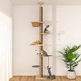 Kratzbaum vom Boden bis zur Decke, 5 Etagen, höhenverstellbar (208,3–304,8 cm), hoher Kletterbaum mit Sitzstangen, Hängematte, Kratzbaum, Bett, Ballspielzeug, solide Struktur und neutrale Farbe