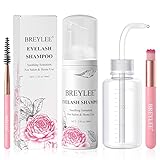 Wimpernverlängerung Shampoo 60ml + Rinse Bottle + Pinsel + Mascara Wand Augenlid Wimpernshampoo, BREYLEE Lash Shampoo Reiniger, Paraben & Sulfat frei, Make-up Entferner, Salon und Zu Hause verwenden