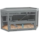 PawHut Hamsterkäfig aus Holz 3 Etagen Nagarium Nagerkäfig Kleintierkäfig mit klappbarem Deckel Sichtfenster Rampe Futternapf Zubehör, Kleintierstall Holzkäfig Käfig für Hamster 115x60x55cm Grau