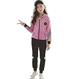 YFPICO Mädchen Trainingsanzug Sportanzug Jogginganzug 3 Teilig Einfarbig Freizeitanzug Kapuzenpullover Sport Jogging Anzug Reißverschluss, Rose Red（2 Stücke）, 134/140